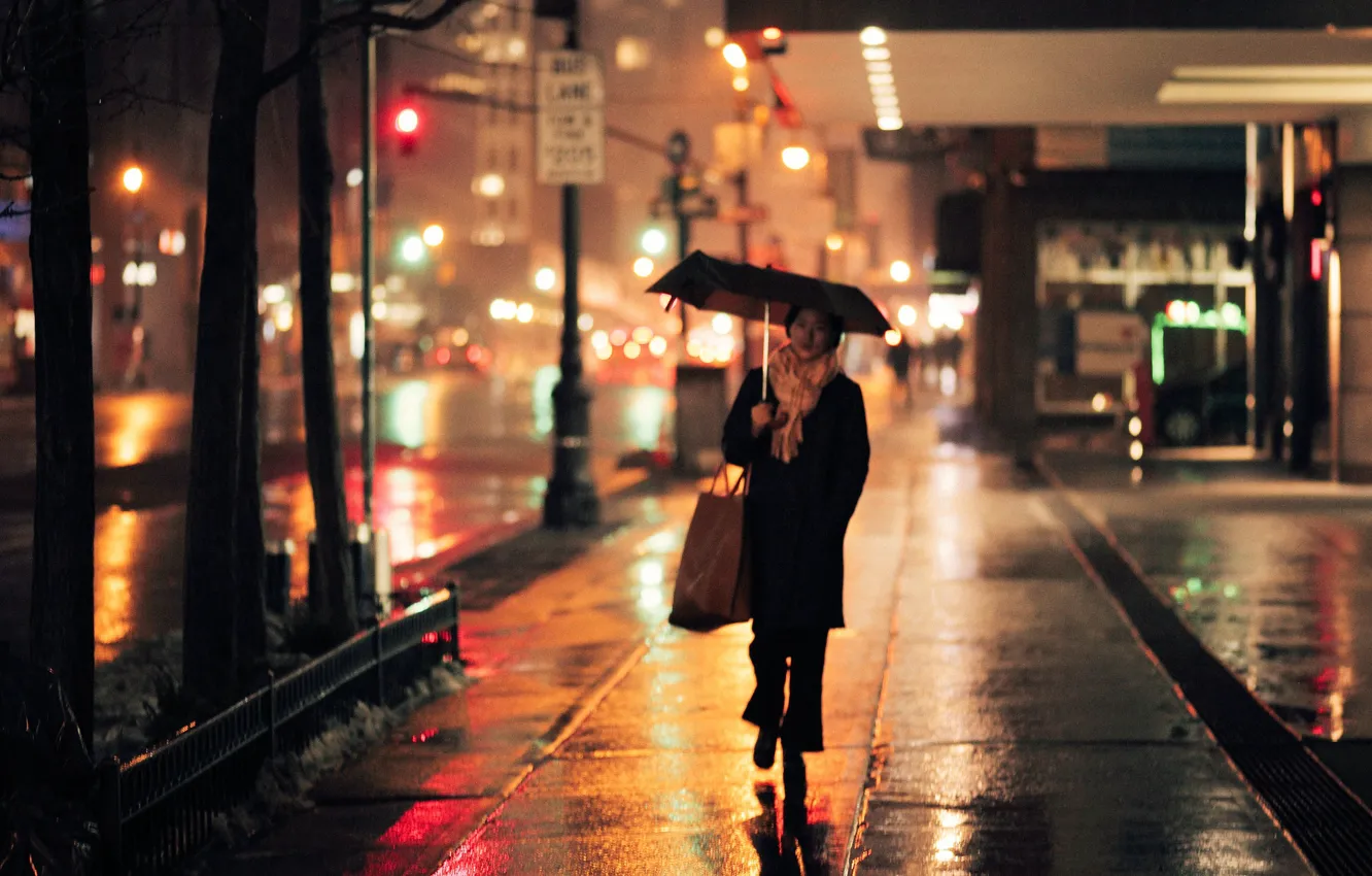 Фото обои lights, girl, nights, umbrella, street