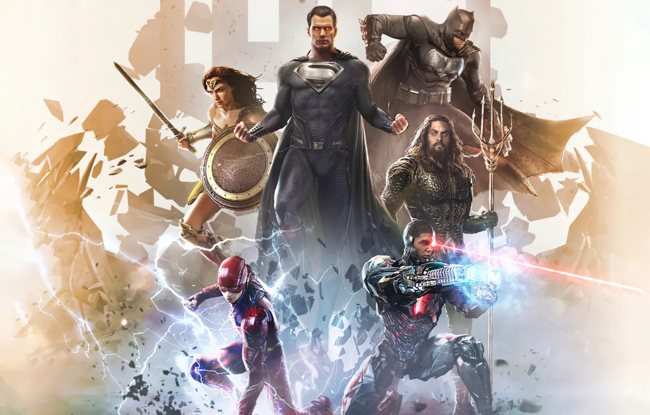Фото обои Wonder Woman, Batman, Superman, Cyborg, Henry Cavill, Flash, Aquaman, Jason Momoa