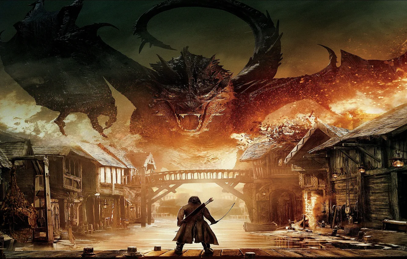 Фото обои Dragon, The Hobbit, Hobbit, Smaug, Bard