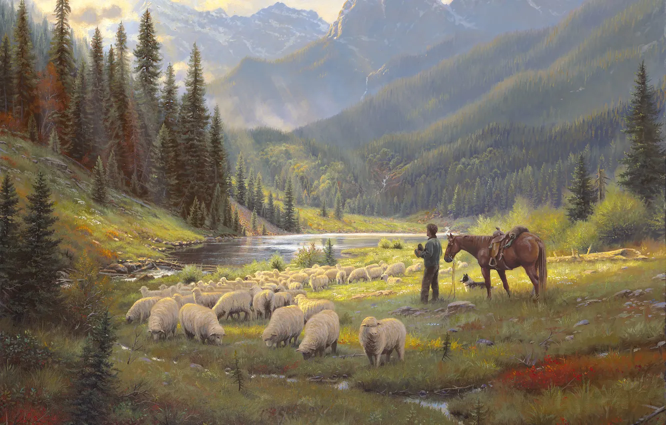 Фото обои лес, небо, свет, река, конь, овцы, собака, Горы