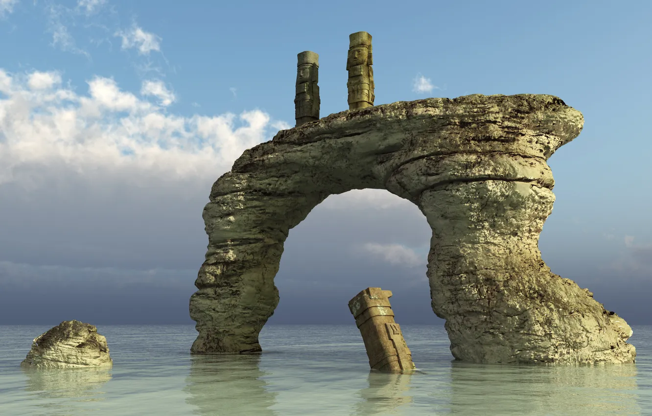 Фото обои море, скала, горизонт, арка, статуи