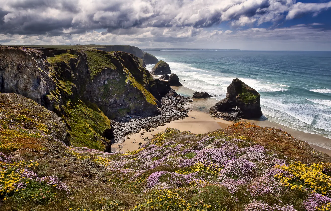 Фото обои скалы, побережье, Англия, England, Cornwall, Bedruthan Steps, Кельтское море, Celtic Sea