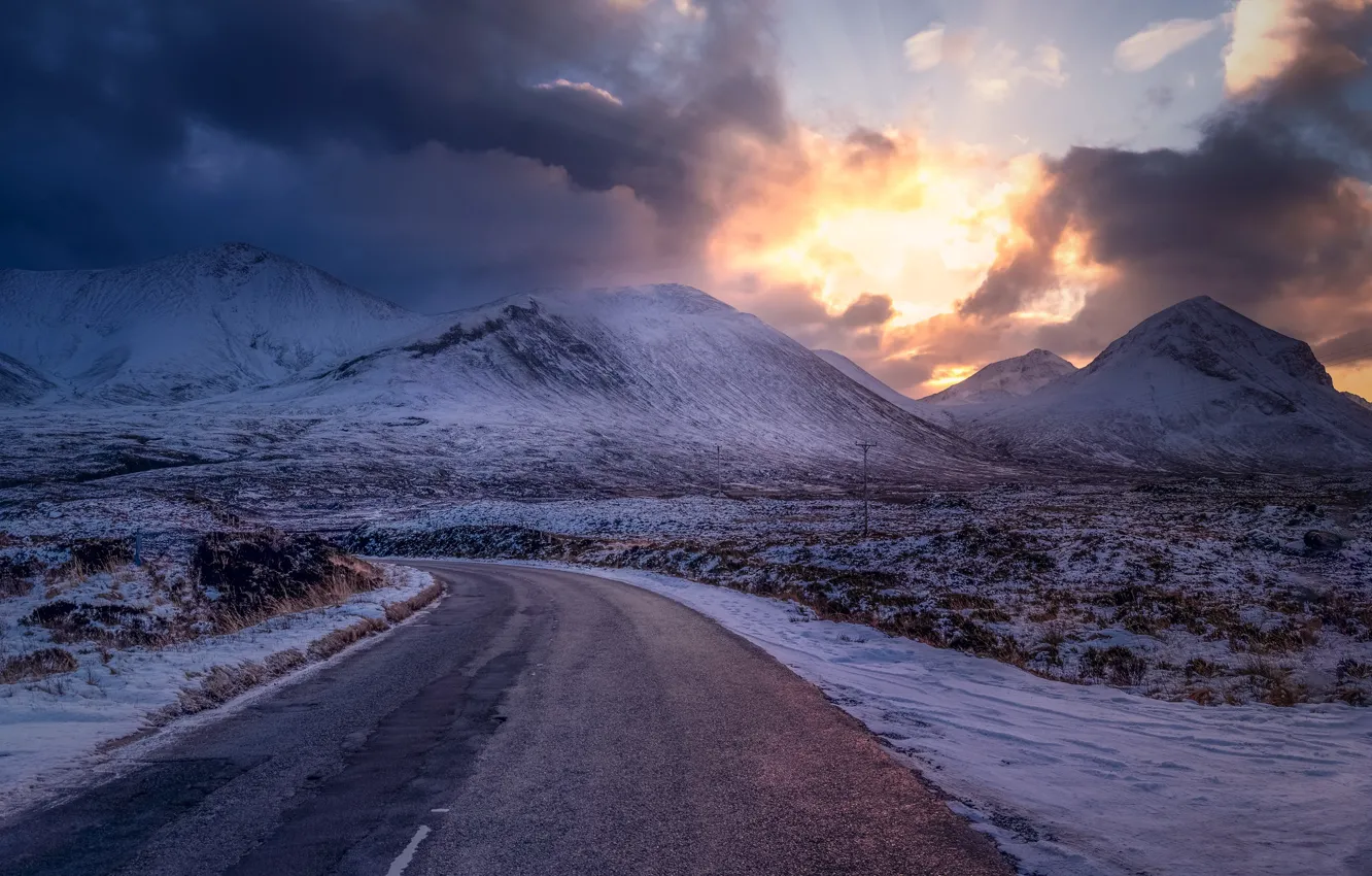 Фото обои дорога, гора, утро, Scotland, United Kingdom, Crossal