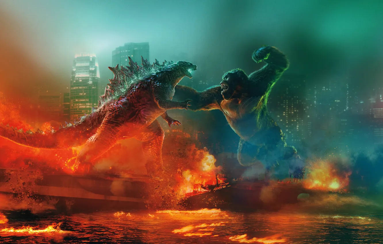 Фото обои King Kong, Вода, Обезьяна, Огонь, Кинг Конг, Битва, Двое, Годзилла