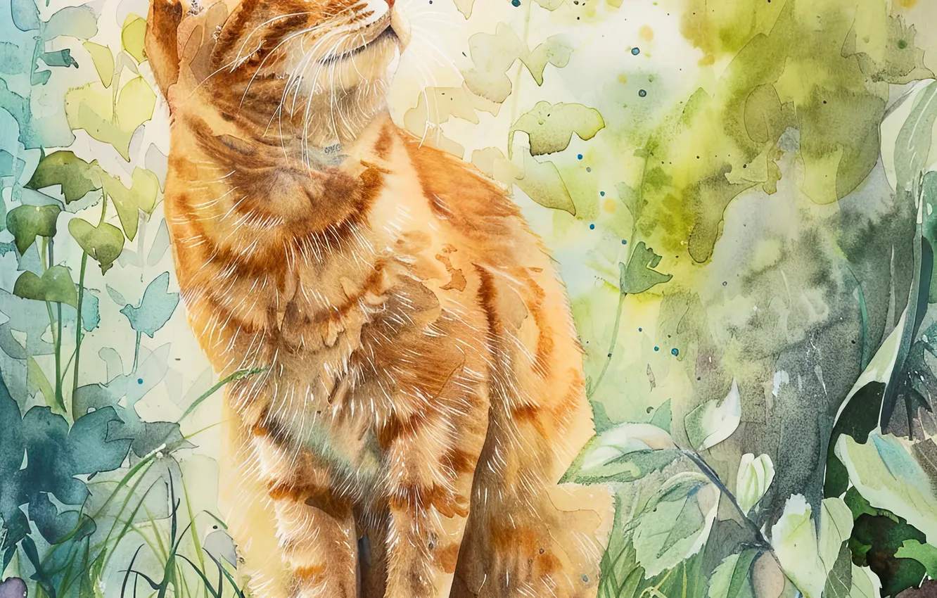 Фото обои Трава, Взгляд, Кошка, Кот, Арт, Рыжая, Цифровое искусство, ИИ-арт