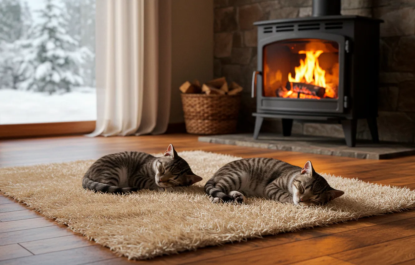 Фото обои зима, окно, котята, wallpaper, камин, winter, window, fireplace