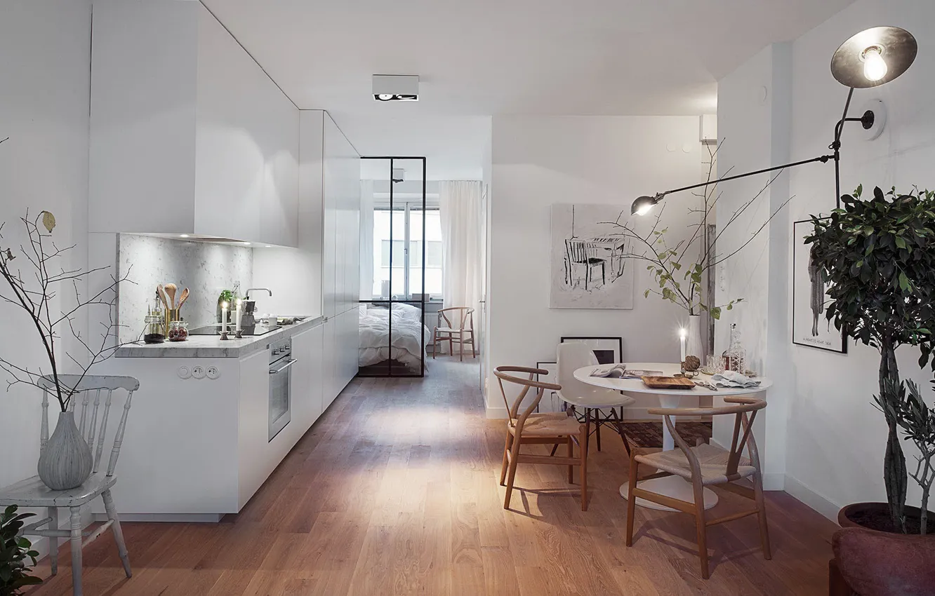 Фото обои интерьер, кухня, спальня, столовая, скандинавский стиль, minimalist penthouse apartment, Studio In Stockholm