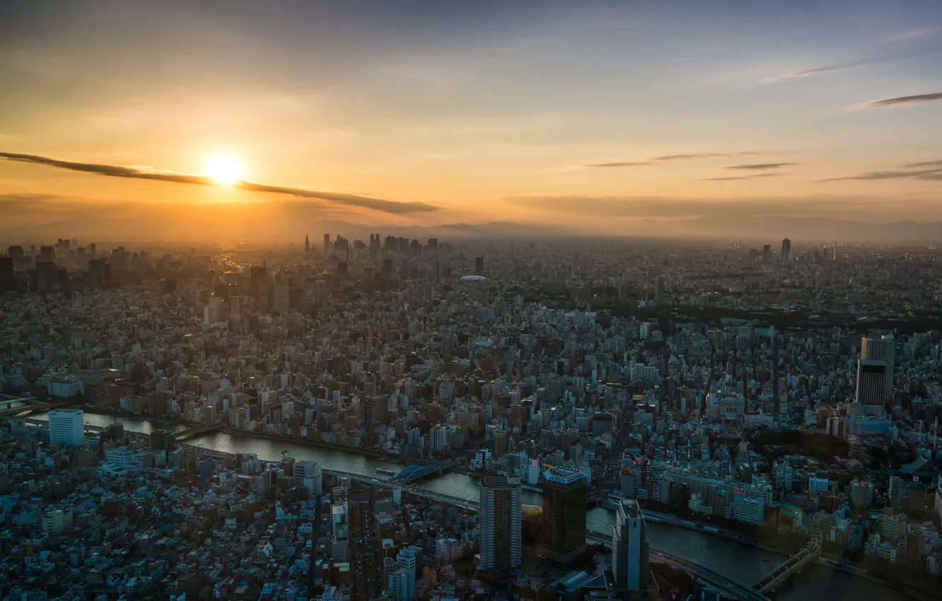 Фото обои закат, город, река, рассвет, вид, Токио, Tokyo