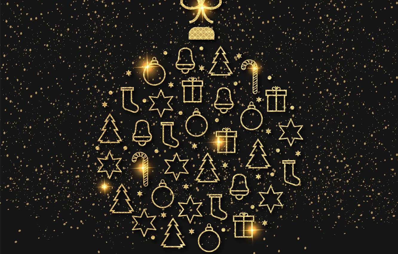 Фото обои украшения, золото, Рождество, Новый год, golden, christmas, черный фон, new year