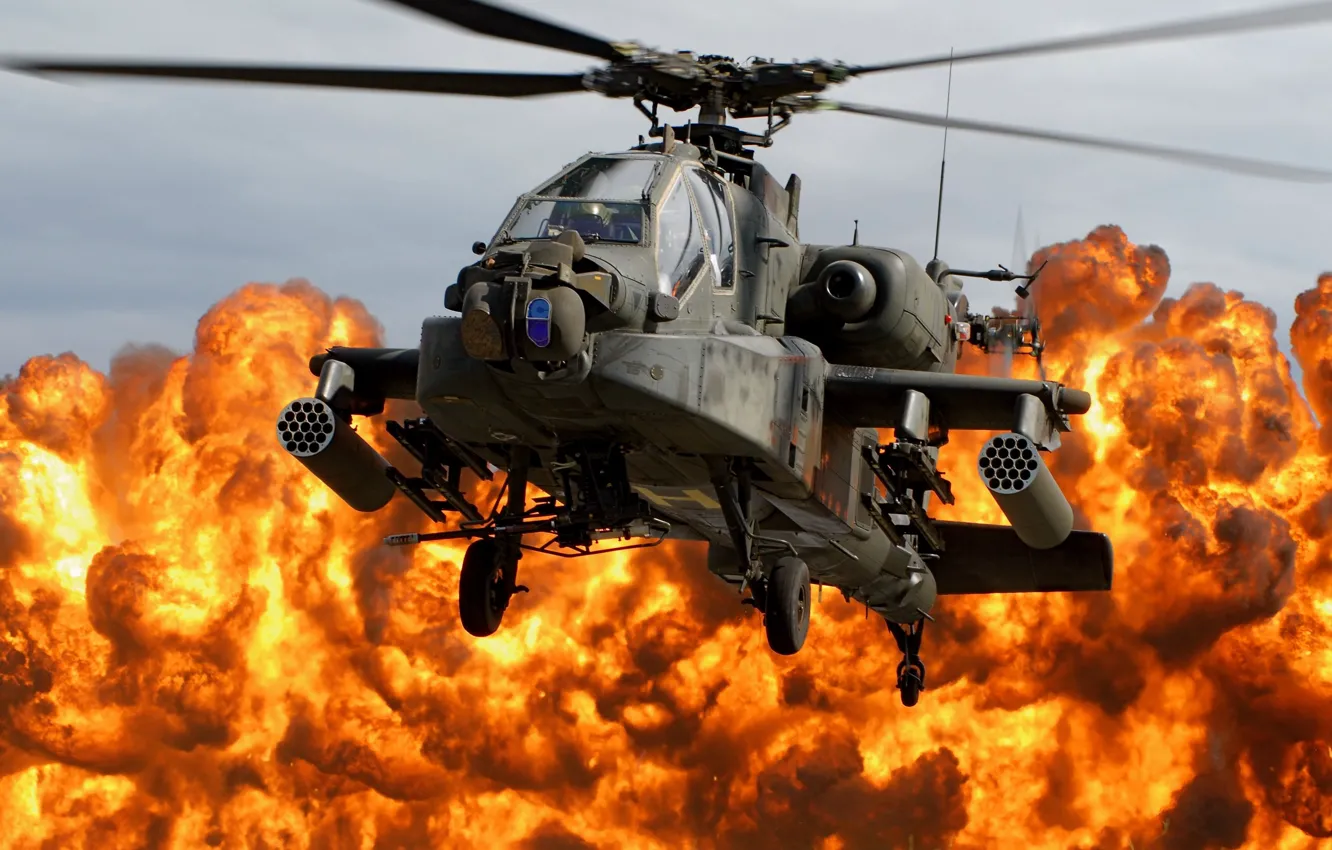 Фото обои взрыв, огонь, вертолет, кабина, лопасти, Apache, AH-64D, напалм
