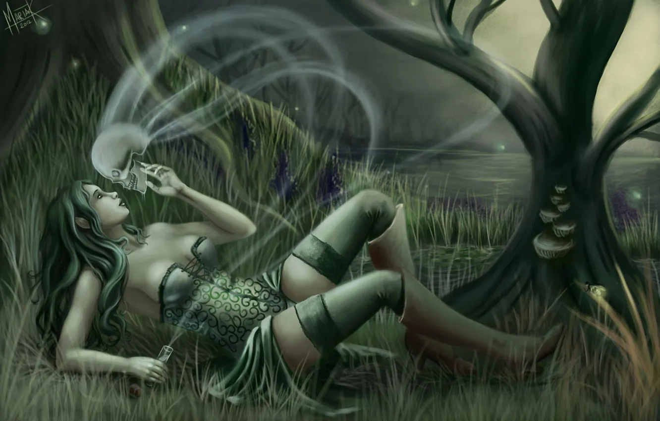 Фото обои трава, вода, девушка, озеро, дерево, дух, арт, призрак