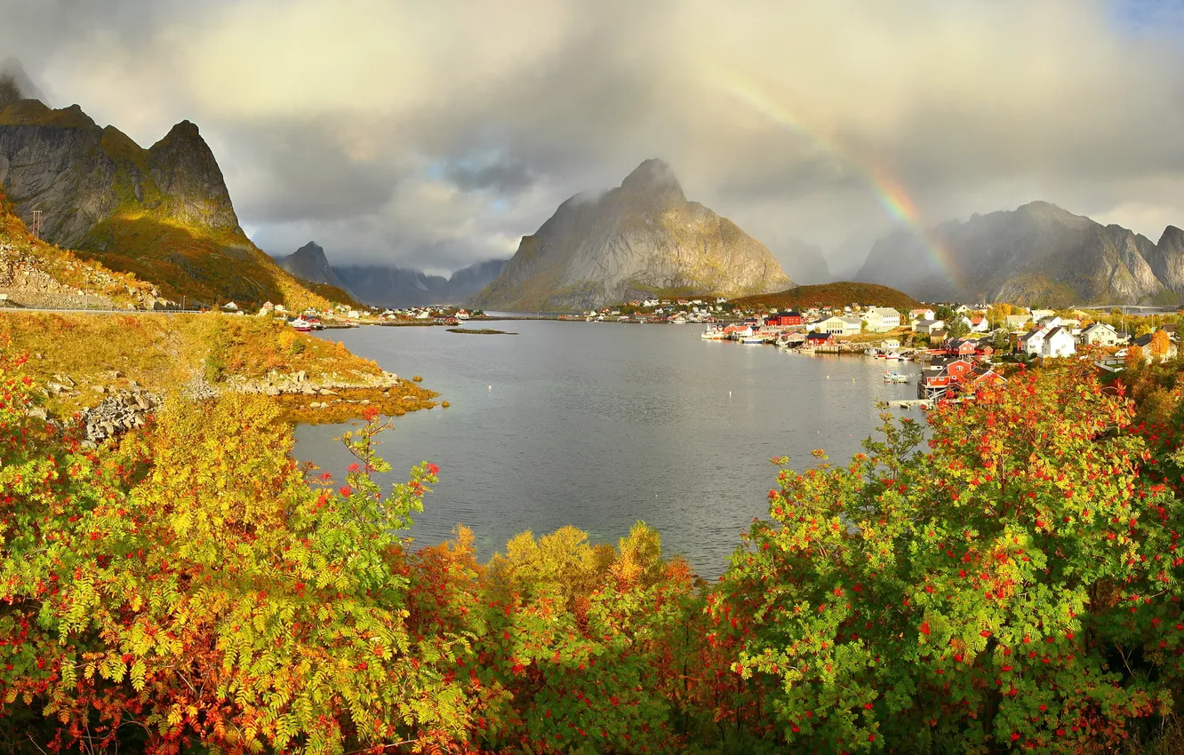 Фото обои облака, горы, природа, город, фото, радуга, Норвегия, кусты