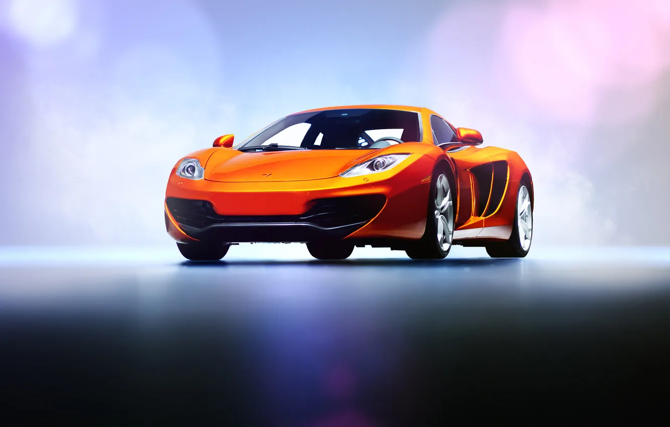 Фото обои оранжевый, блики, McLaren, суперкар, подиум, MP4-12C, front, orange