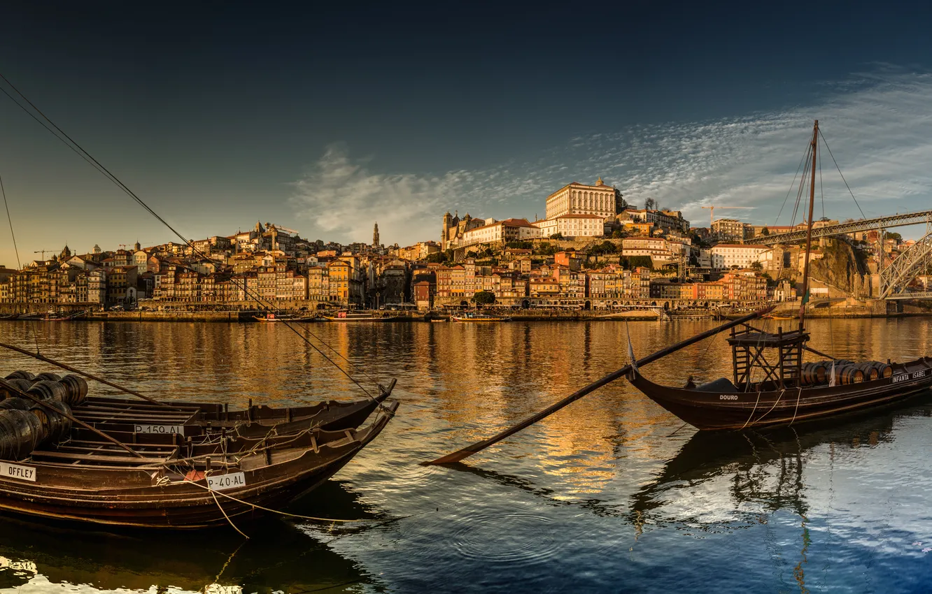 Фото обои мост, река, лодки, панорама, Португалия, Portugal, Vila Nova de Gaia, Porto