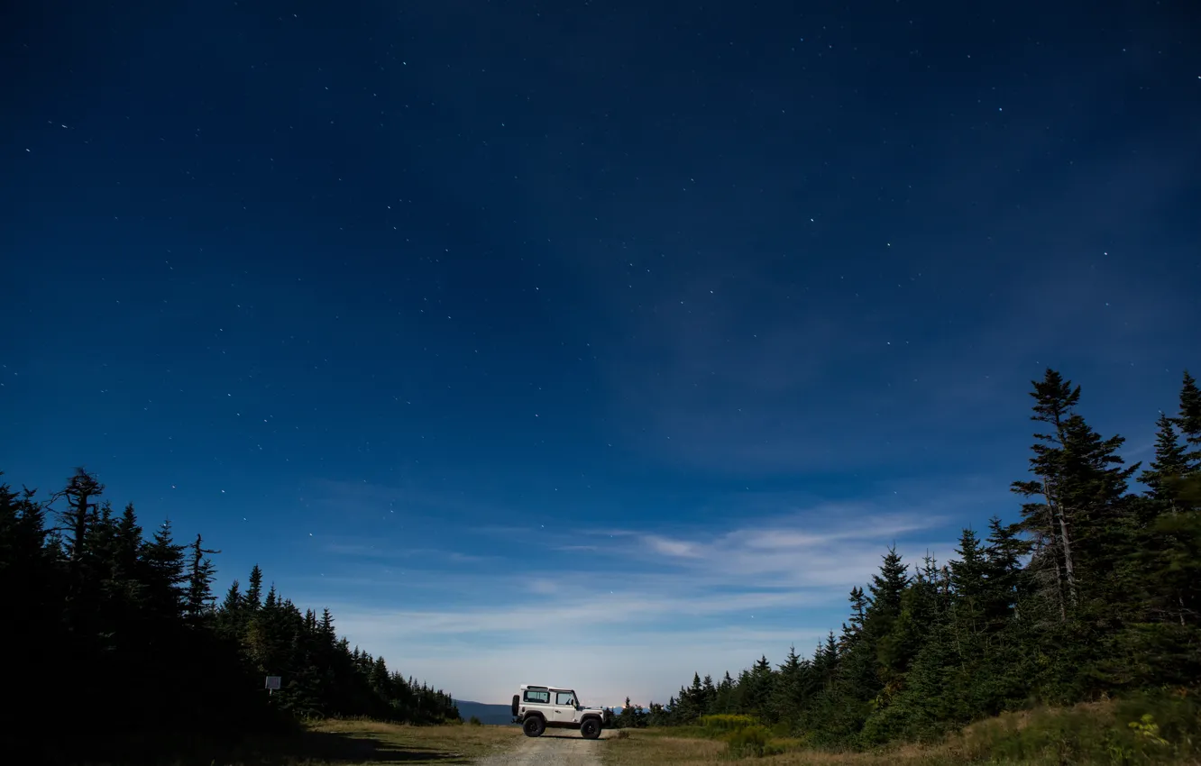 Фото обои Land Rover, Nature, Sky, Stars, Wood, Night, Defender, Trees