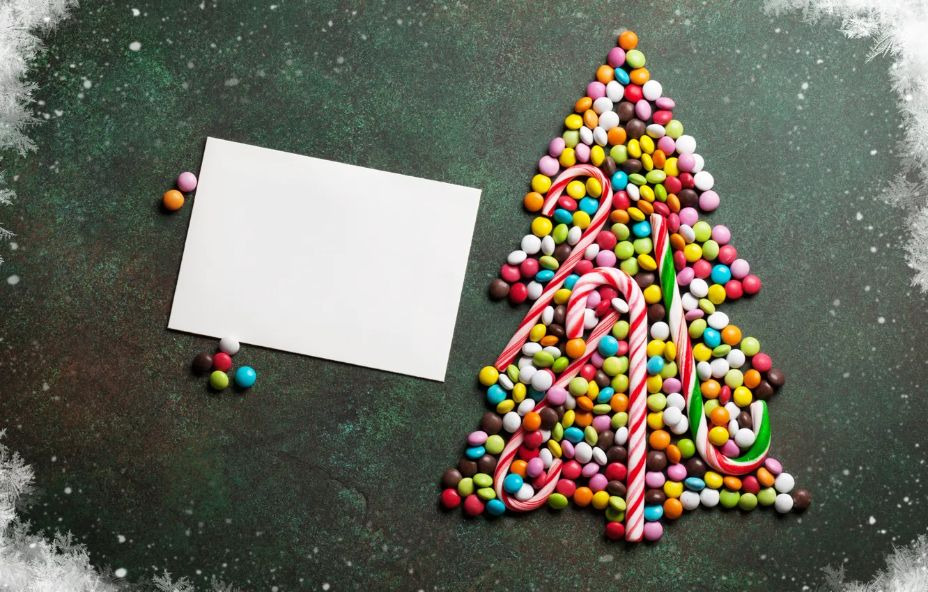 Фото обои украшения, снежинки, елка, Новый Год, Рождество, конфеты, сладости, Christmas
