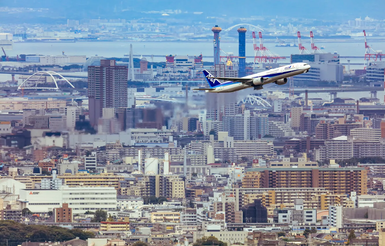 Фото обои город, самолет, взлёт, пассажирский