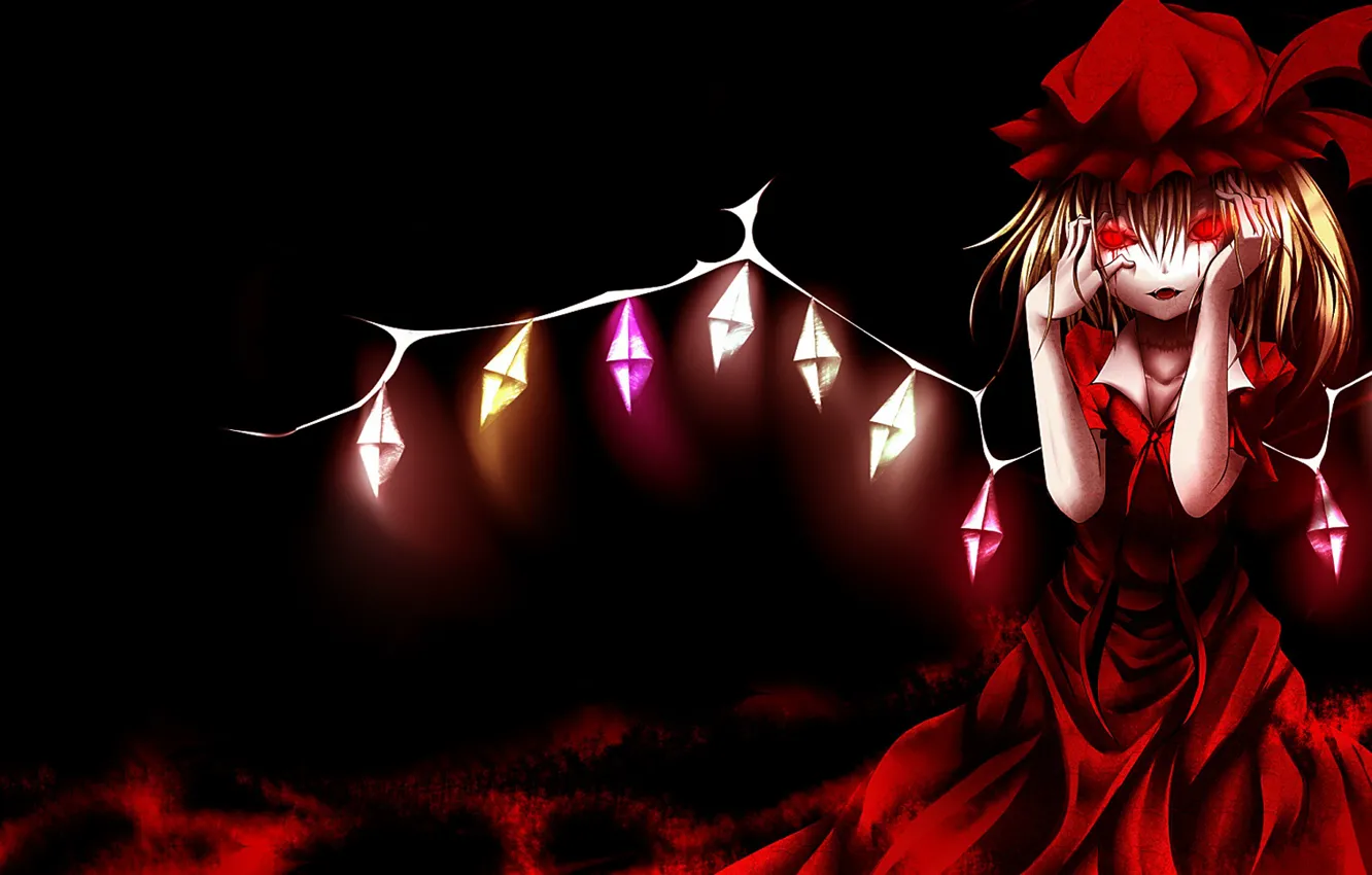 Фото обои красное платье, красные глаза, art, кровавые слезы, вампирша, безумная, Touhou Project, Flandre Scarlet