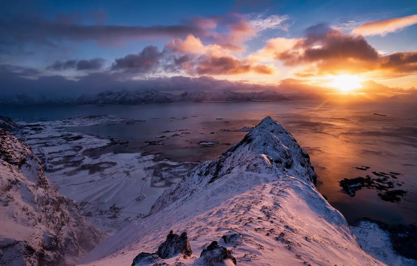 Фото обои закат, горы, Норвегия, Lofoten