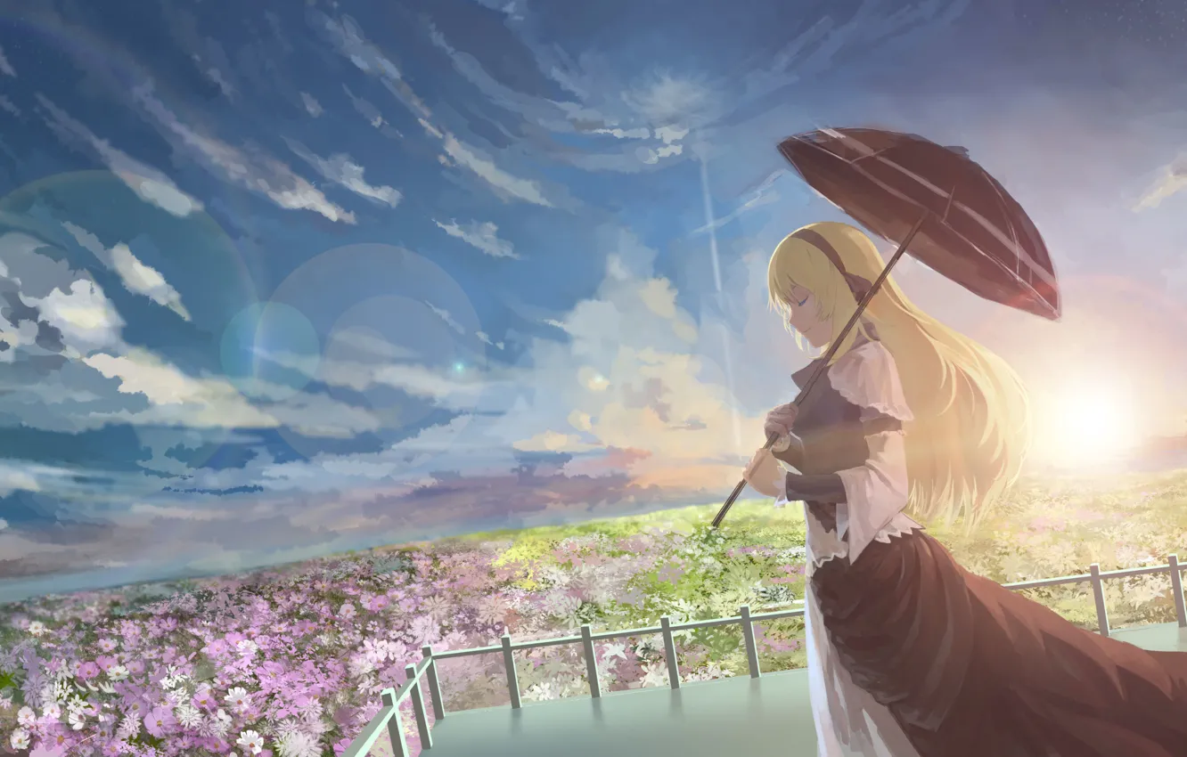 Фото обои лето, небо, девушка, солнце, цветы, зонт, арт, Azoth