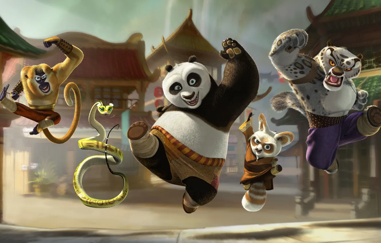 Фото обои Обезьяна, Мультфильм, Kung Fu Panda, Кунг-фу панда, Гадюка, Monkey, Мастер Угвэй, Тай Лунг