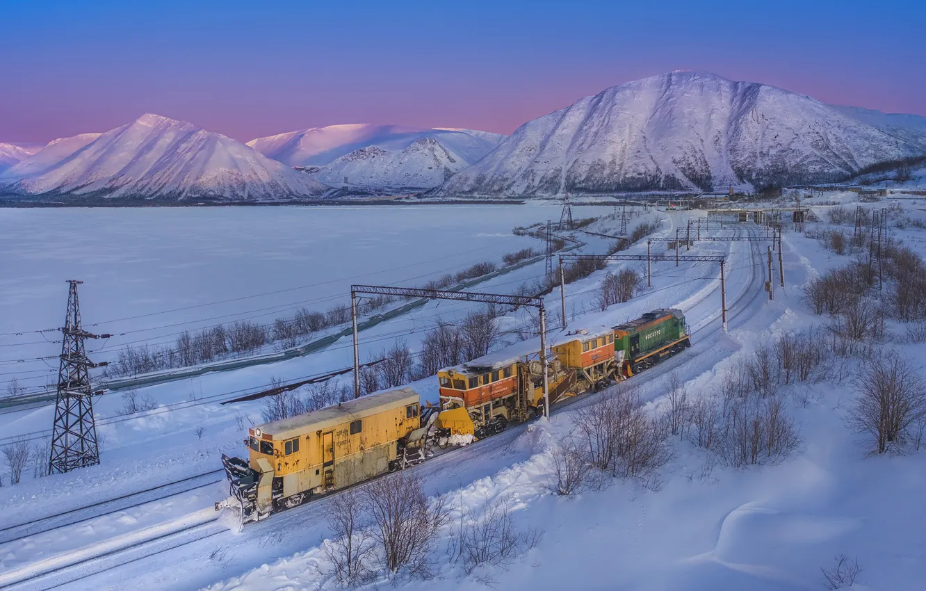Фото обои зима, снег, пейзаж, горы, природа, поезд, железная дорога, Хибины