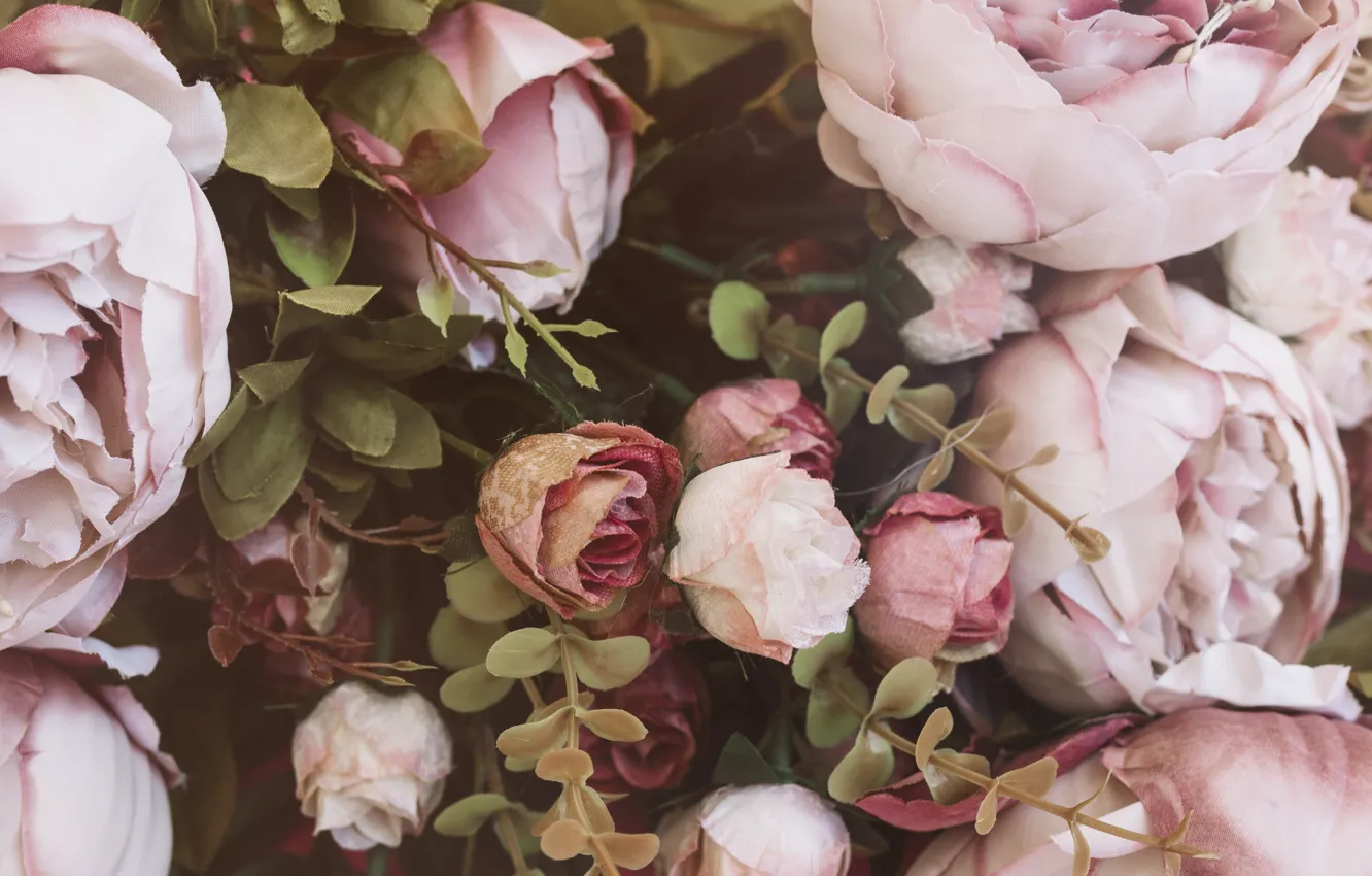 Фото обои цветы, розы, розовые, бутоны, Pink Rose, Leaves Decoration