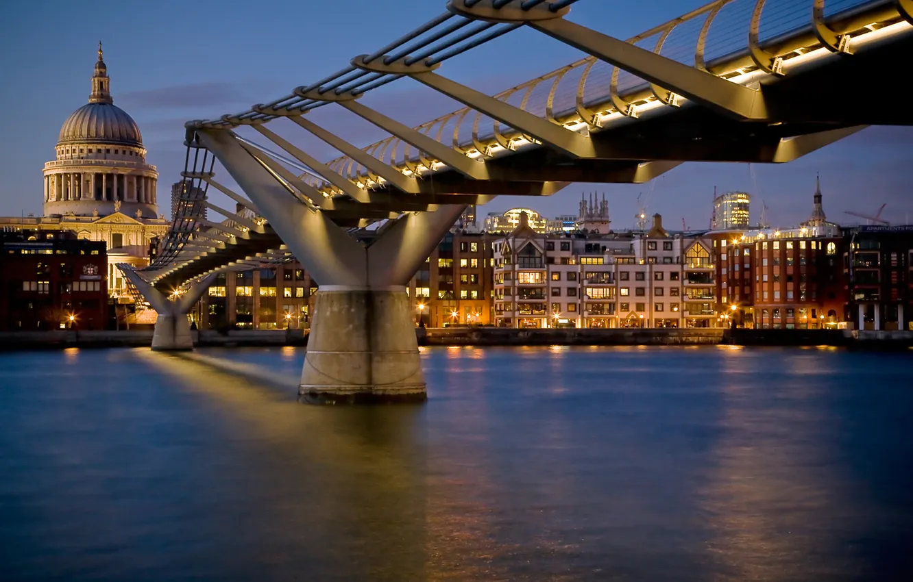 Фото обои ночь, мост, огни, река