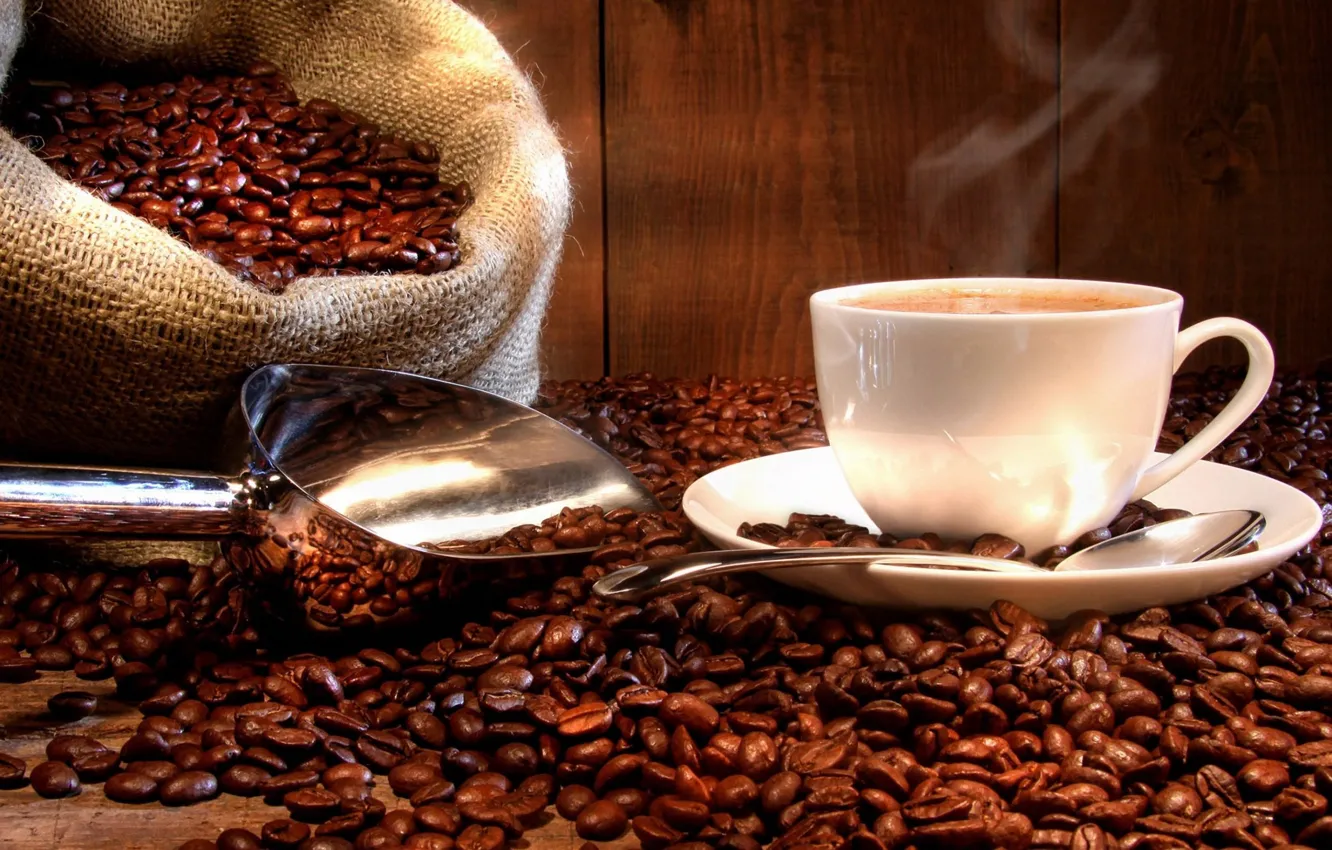 Фото обои white, coffee, Cup, bag, coffee beans