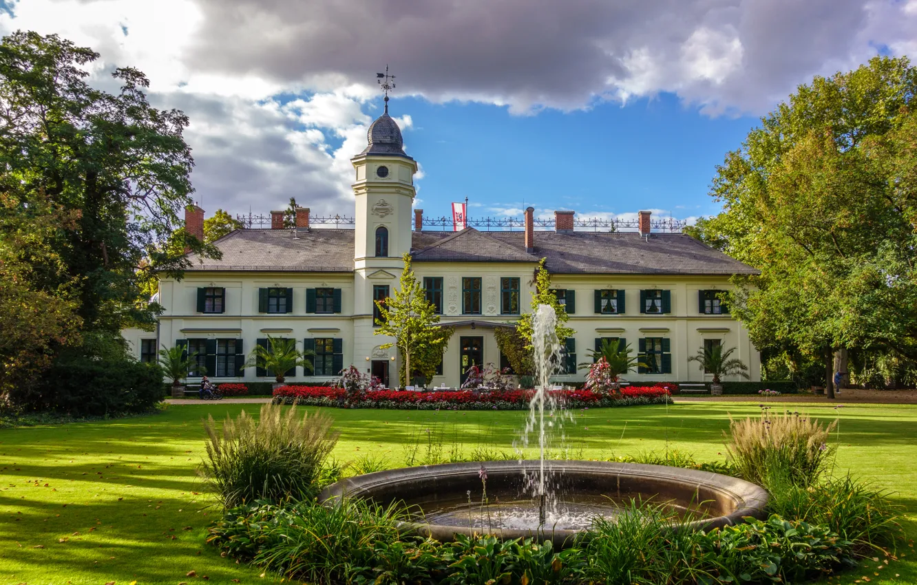 Фото обои деревья, цветы, дизайн, замок, газон, Германия, фонтан, кусты