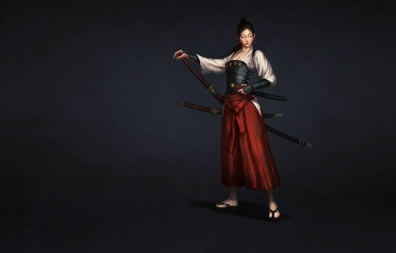 Фото обои Girl, Japan, Art, Style, Samurai, Minimalism, Katana, Sword