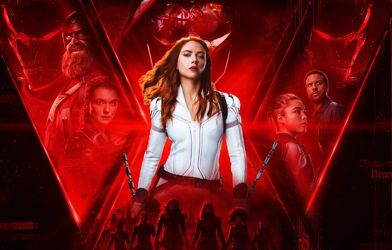 Фото обои фантастика, Scarlett Johansson, костюм, Скарлетт Йоханссон, красотка, Rachel Weisz, постер, красный фон