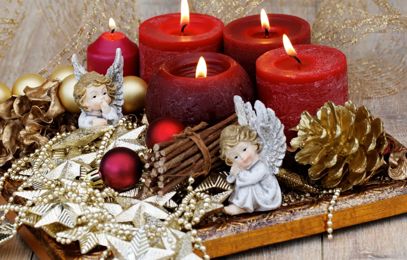 Фото обои праздник, новый год, свечи, ангелы