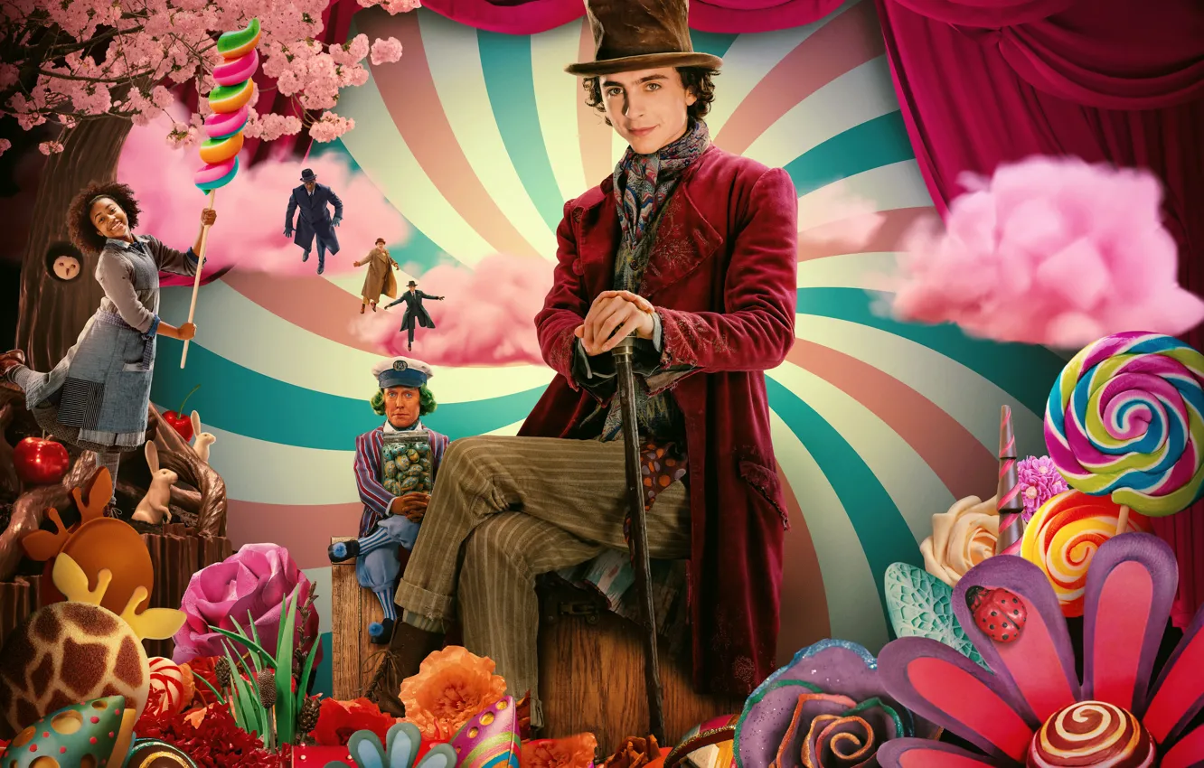 Фото обои Мальчик, США, Фэнтези, Комедия, Приключения, Семейный, Wonka, Timothee Chalamet