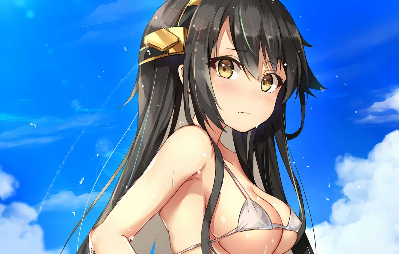 Фото обои girl, sexy, wet, cleavage, sky, long hair, boobs, anime