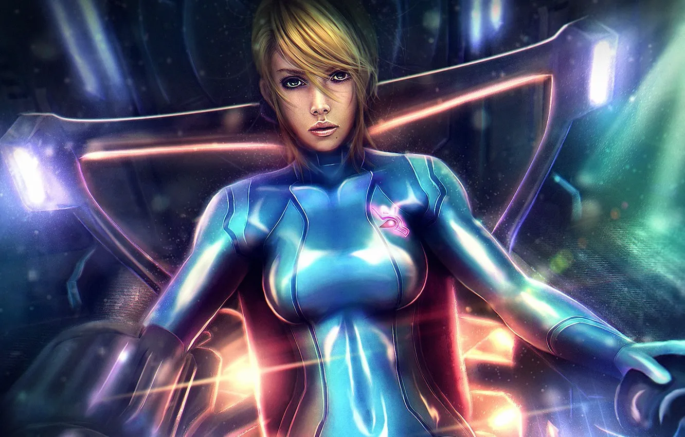 Фото обои девушка, кресло, подсветка, арт, костюм, сидя, Samus Aran, Metroid