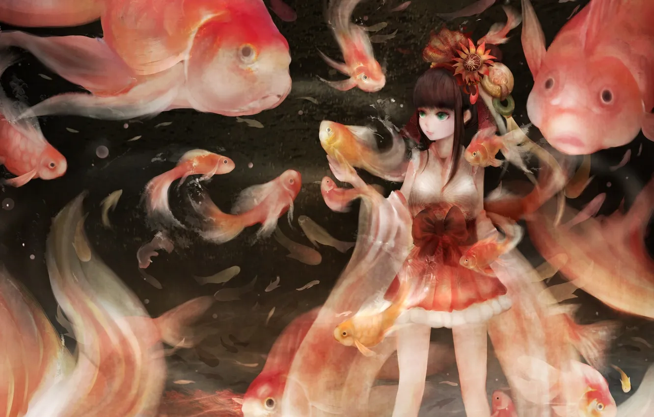 Фото обои девушка, рыбы, цветы, аниме, арт, zhang xiao bo