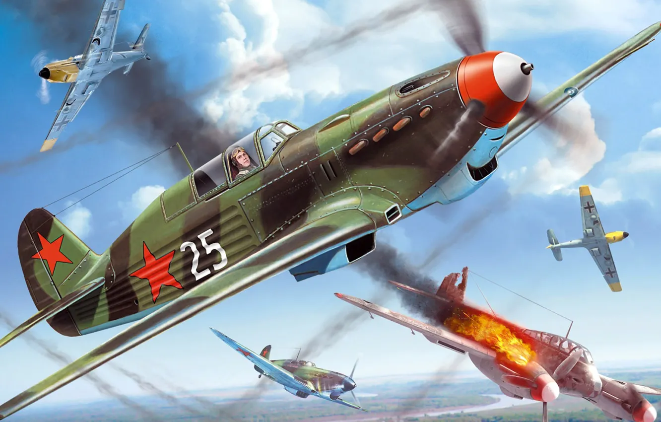 Фото обои ВВС СССР, Як-7, советский одномоторный самолёт-истребитель, BF-109