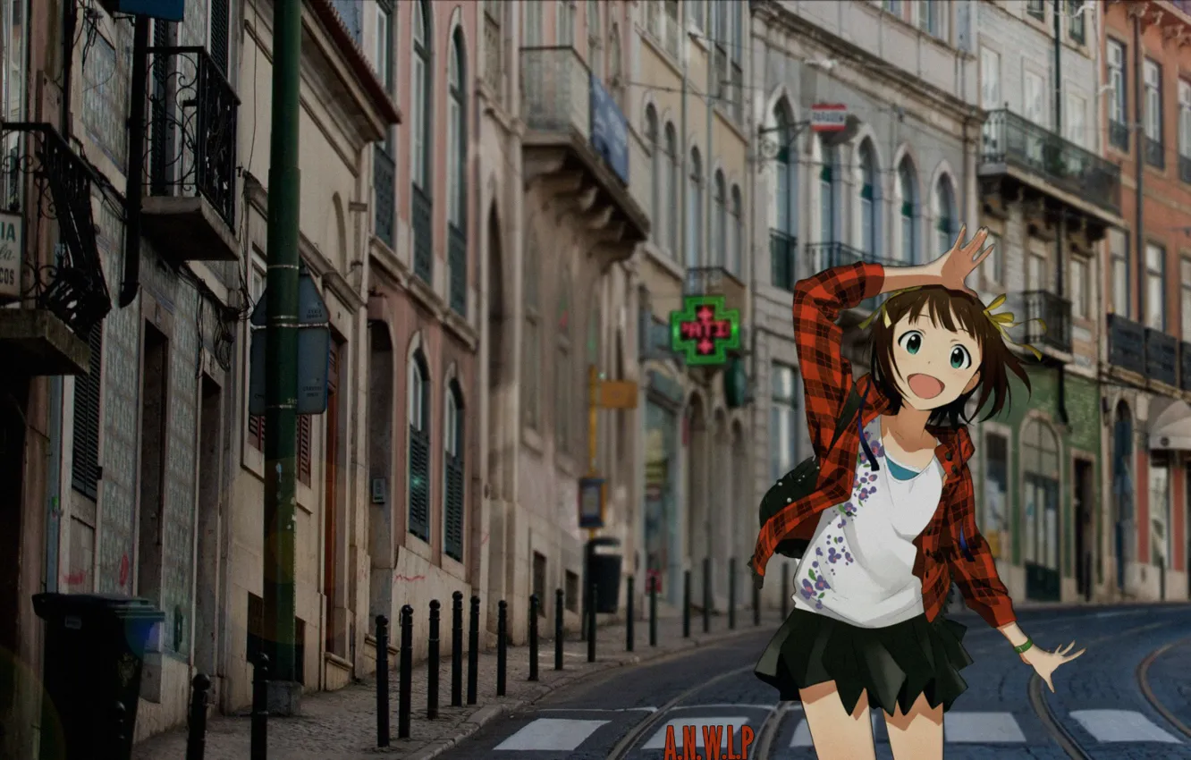 Фото обои девушка, счастье, улица, аниме, день, madskillz, madskillz anime, ясная погода