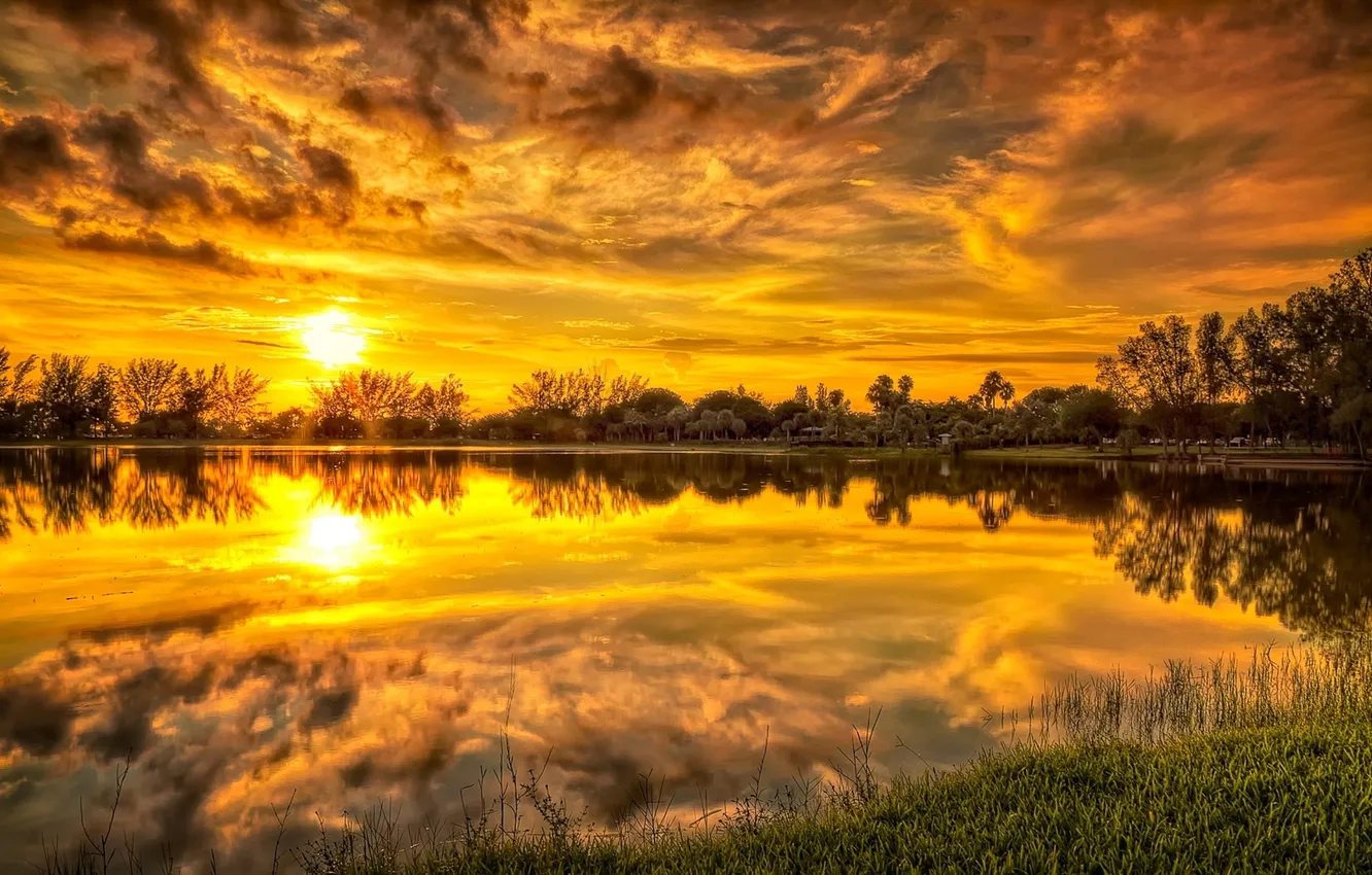 Фото обои небо, закат, озеро, отражение