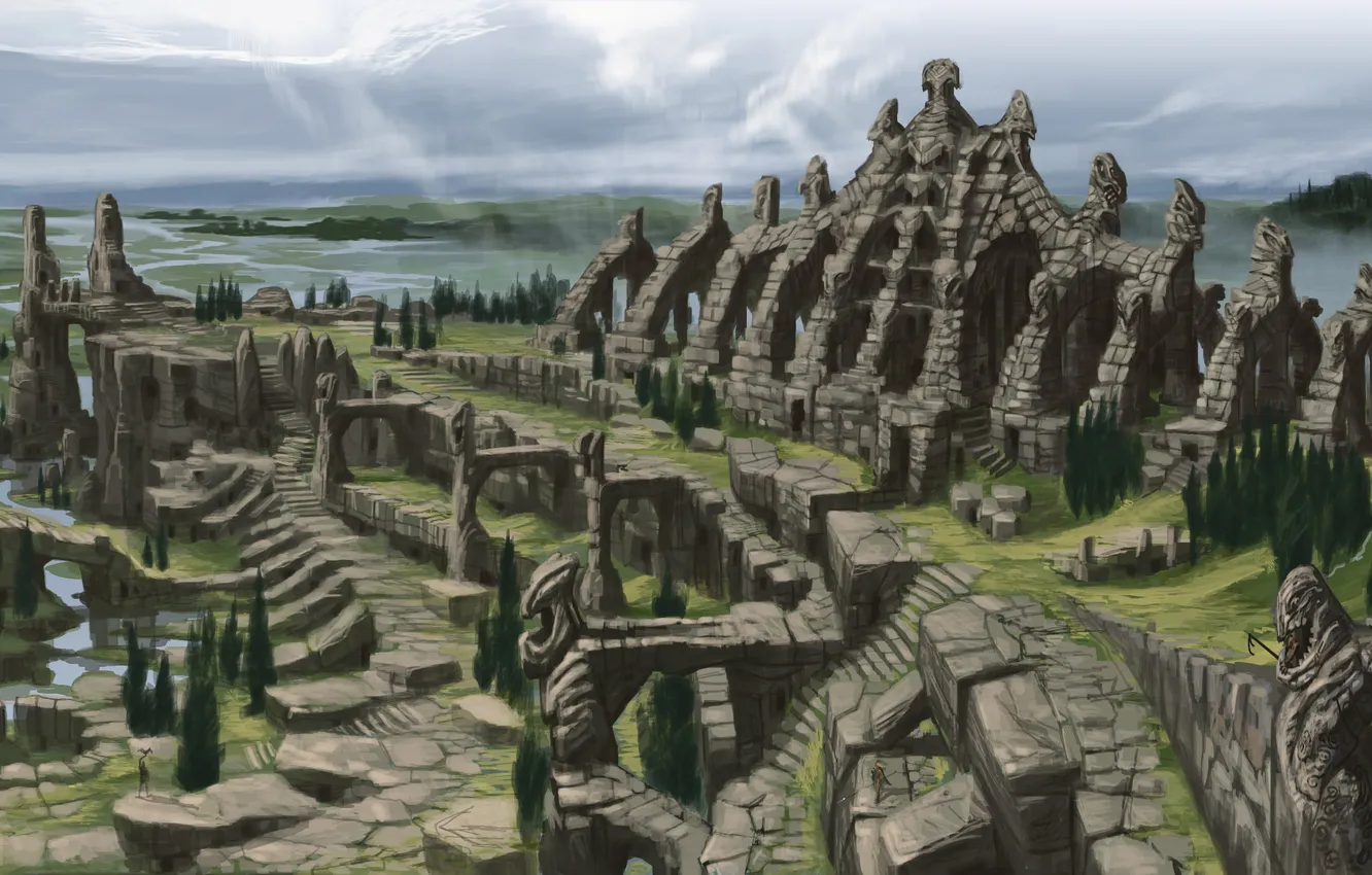 Фото обои пейзаж, скалы, здания, дома, арки, реки, The Elder Scrolls V: Skyrim