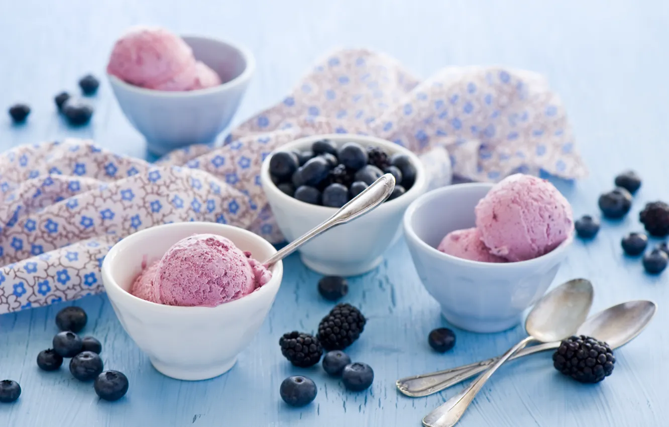 Фото обои шарики, ягоды, черника, мороженое, десерт, ежевика, сладкое, ложки