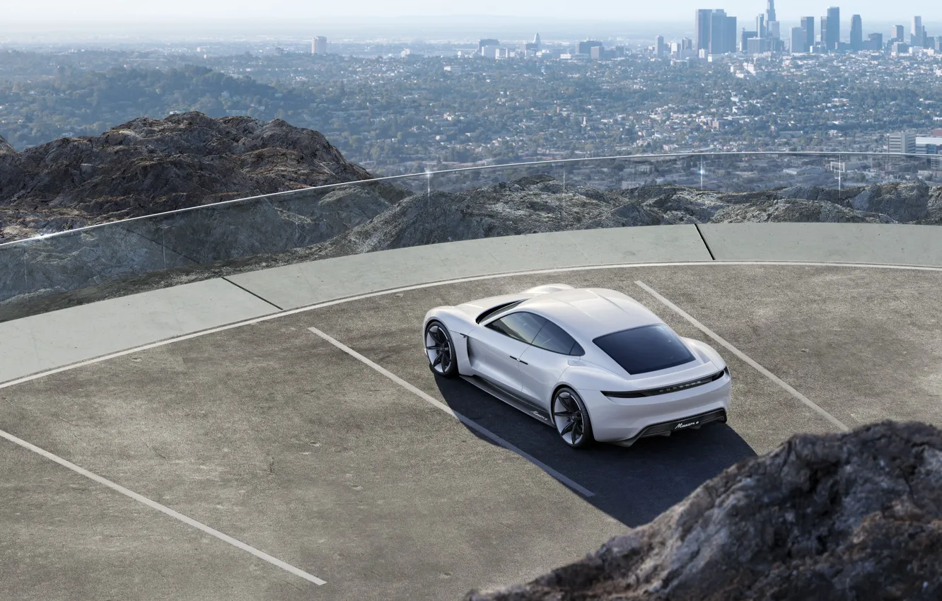 Фото обои Concept, город, гора, Porsche, стоянка, парковка, white, вид сверху