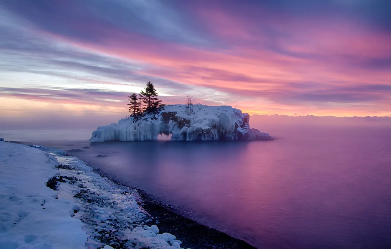 Фото обои зима, море, закат