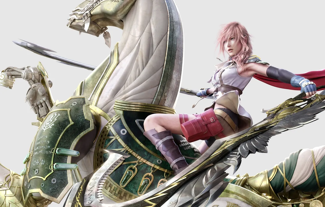 Фото обои девушка, конь, меч, арт, броня, final fantasy, lightning farron, odin