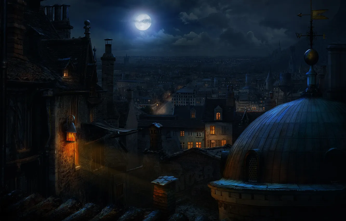 Фото обои ночь, город, луна, night_by_advantasy, across_the_rooftops