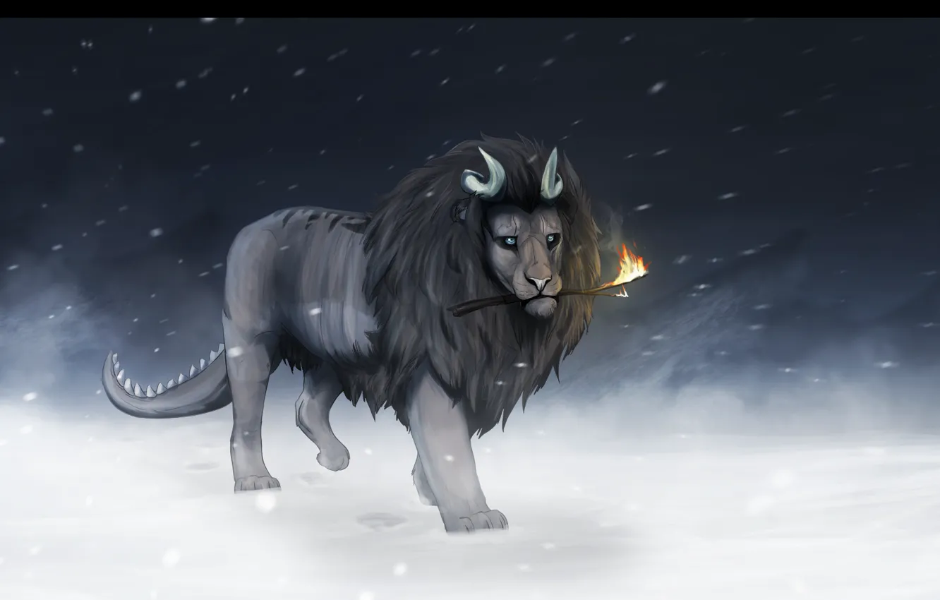 Фото обои холод, зима, снег, фантастика, огонь, животное, лев, грива