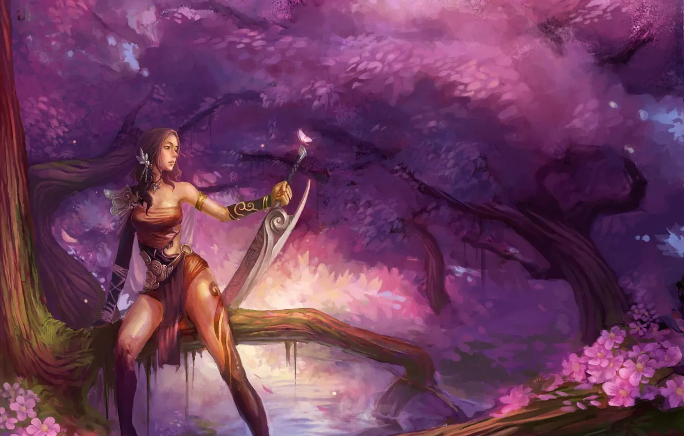 Фото обои вода, девушка, деревья, фентези, оружие, бабочка, меч