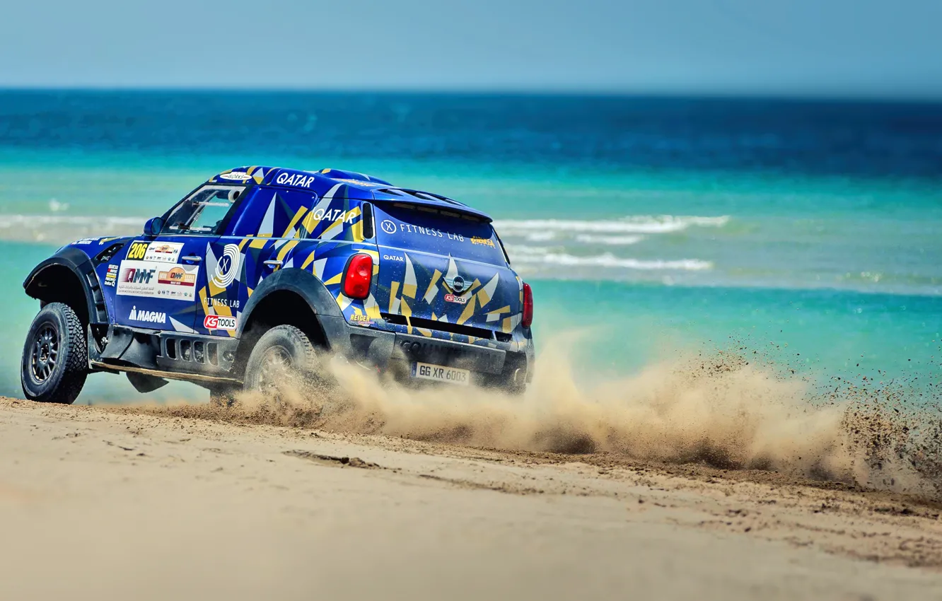 Фото обои Песок, Море, Пляж, Авто, Mini, Спорт, Машина, Скорость