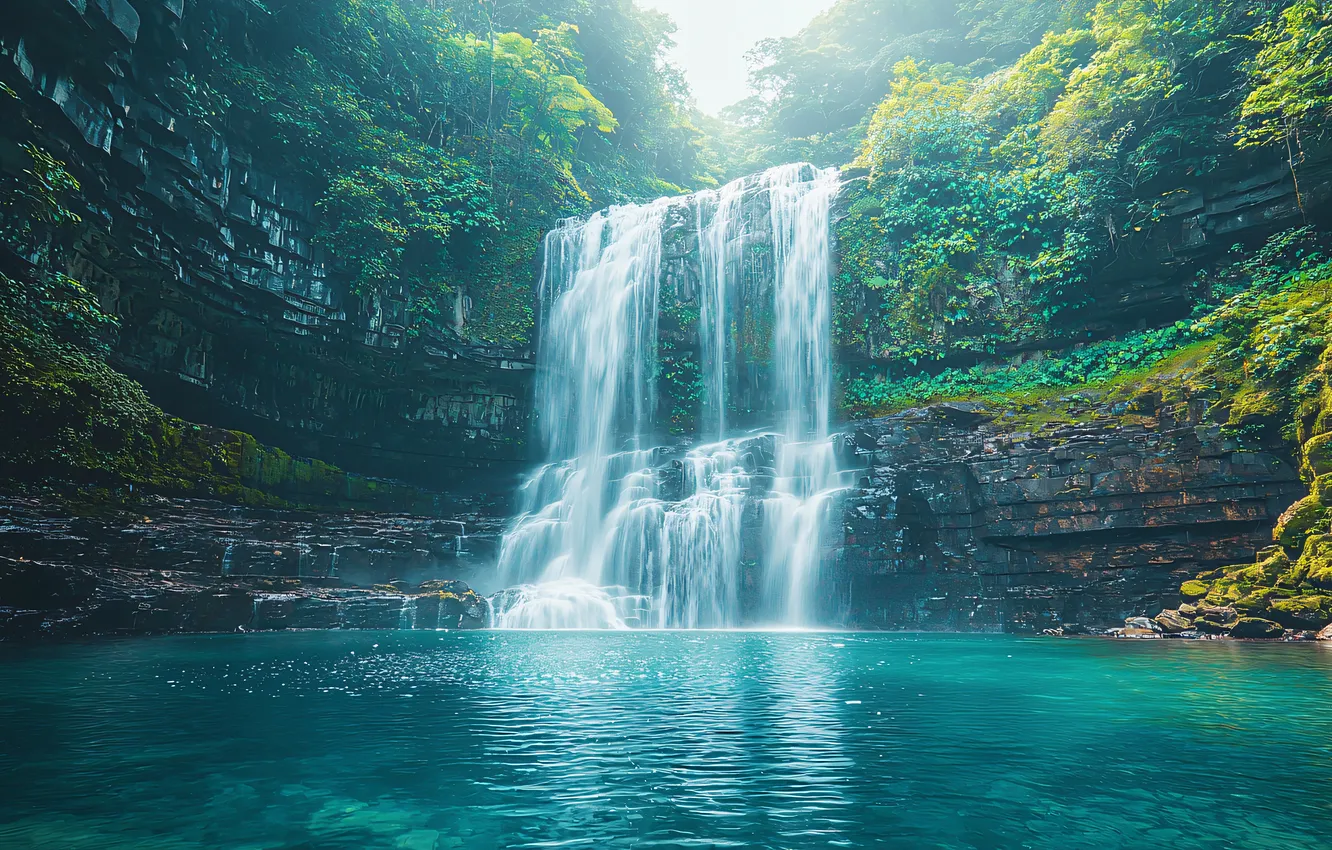 Фото обои лес, пейзаж, природа, скалы, берег, растительность, водопад, поток